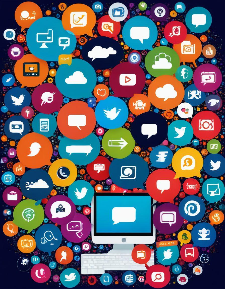 A dynamic collage showcasing various multimedia tools like video editing software, graphic design apps, and social media icons. In the background, a vibrant online community interacting through colorful chat bubbles and sharing multimedia content. The atmosphere feels energetic and engaging, representing the essence of digital outreach and community building. Include a blend of modern technology and human connection elements. vibrant colors. vector art.