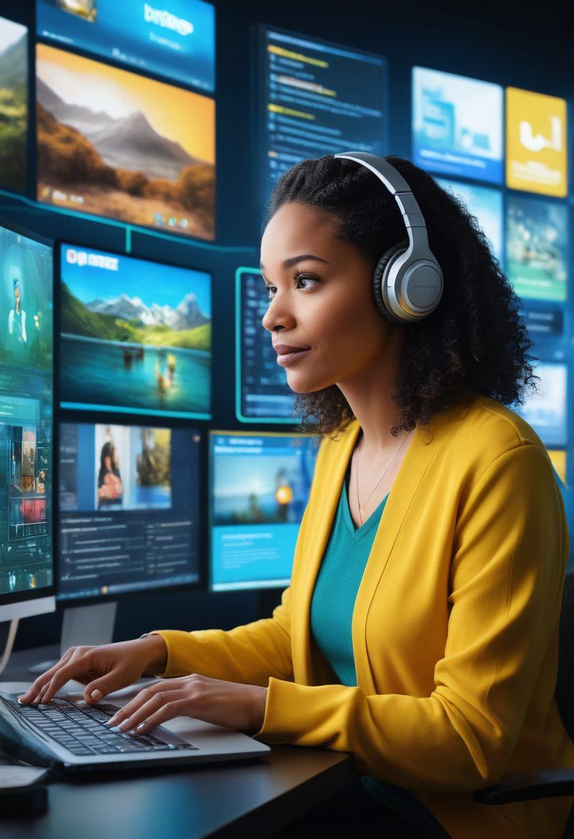 A dynamic scene depicting a storyteller at a digital workstation, surrounded by glowing screens featuring various storytelling elements like infographics, videos, and user engagement metrics. The background is filled with vibrant icons representing different digital platforms (like blogs, social media, and podcasts) floating around. The storyteller is engaging with a diverse audience, showcasing interaction and connection. The color palette is bright and engaging, symbolizing creativity and technology. super-realistic. vibrant colors. digital art.