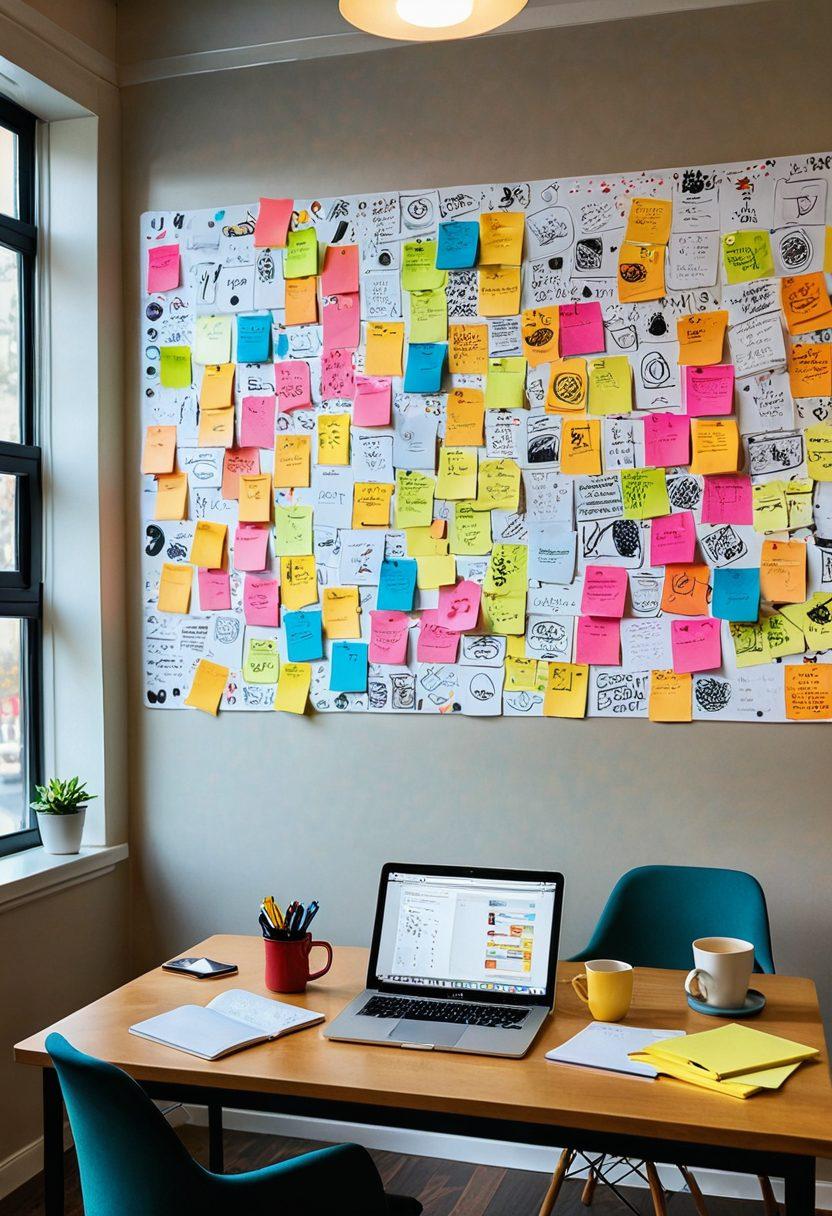 A visually engaging workspace featuring a diverse group of writers brainstorming around a sleek table, surrounded by digital devices with content ideas displayed on screens. Include elements like colorful sticky notes, coffee cups, and a large whiteboard filled with creative strategies. Incorporate soft glowing lights to enhance the innovative atmosphere. super-realistic. vibrant colors. contemporary style.